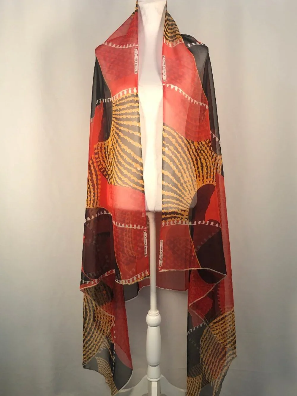 Vintage Fisher & Gentile Sheer Scarf – Red Black Gold Abstract Print | Statement